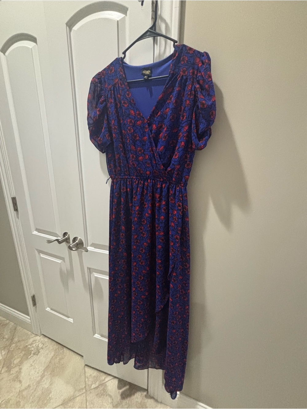 Disney Snow White Collection Blue Dress with Red Floral Print and Puff Sleeves
